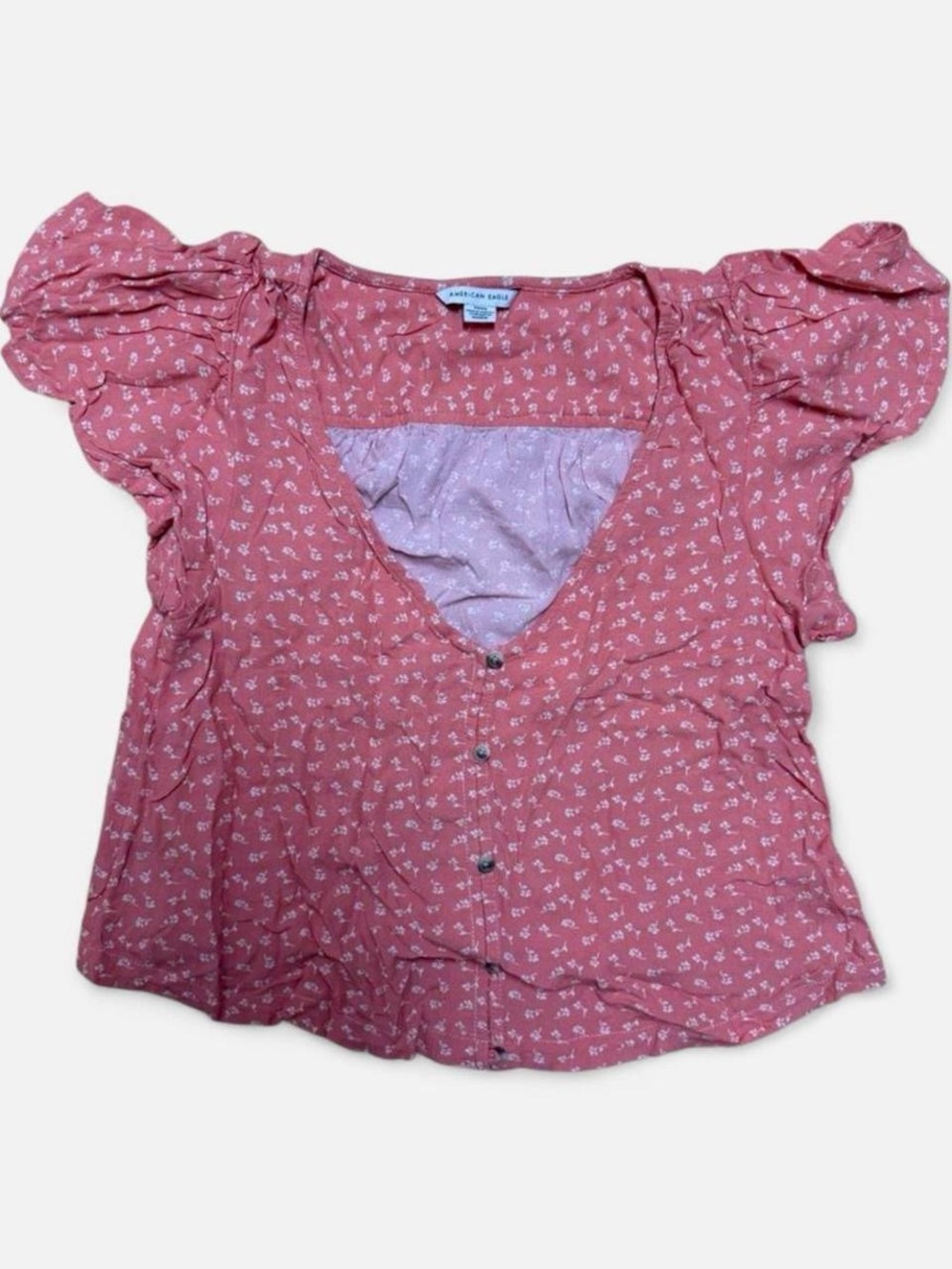 American Eagle Floral Babydoll Puff Sleeve Button Front Top Pink Small